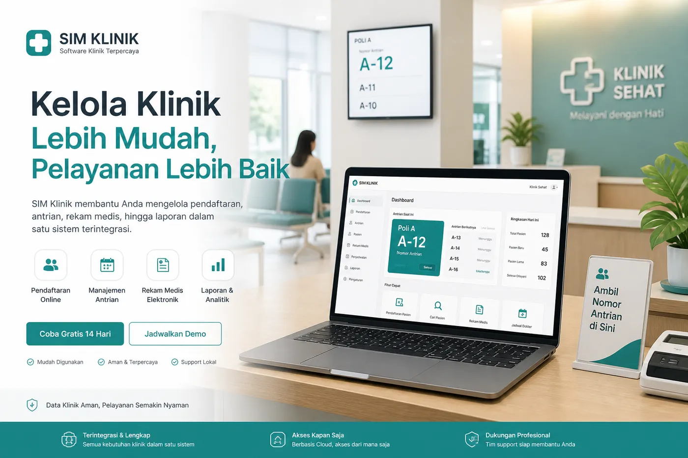 Ilustrasi operasional klinik dengan dashboard SIM Klinik