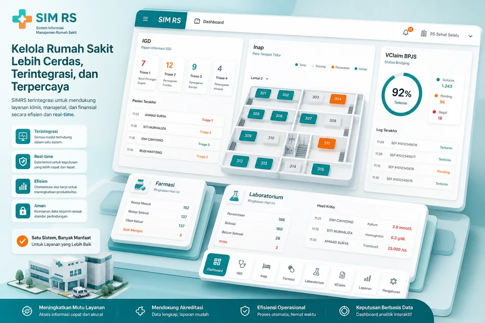 Ilustrasi dashboard SIM RS rumah sakit dengan modul IGD dan inap